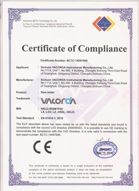 Κίνα Sichuan Vacorda Instruments Manufacturing Co., Ltd Πιστοποιήσεις
